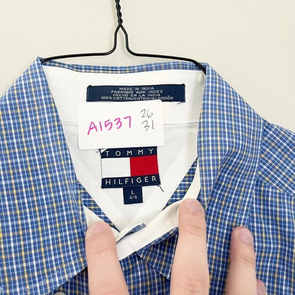 Tommy Hilfiger Mens Plaid Button Down Shirt Large Blue Long Sleeve Cotton Preppy - Picture 4 of 7